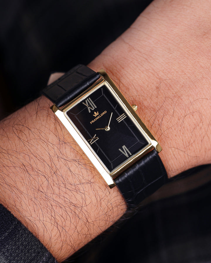 Franklord Royal Black Heritage rectangular watch with black dial and Roman numerals on wrist
