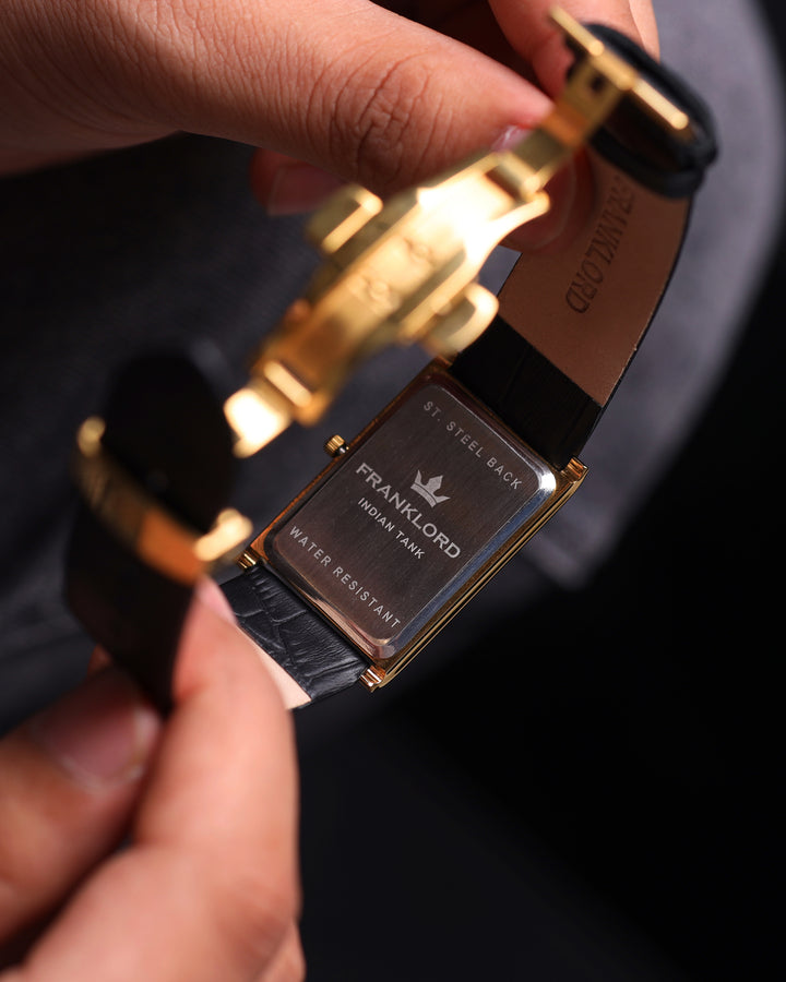 Back case view of Franklord Indian Tank Royal Gold Heritage showing stainless steel back and branding