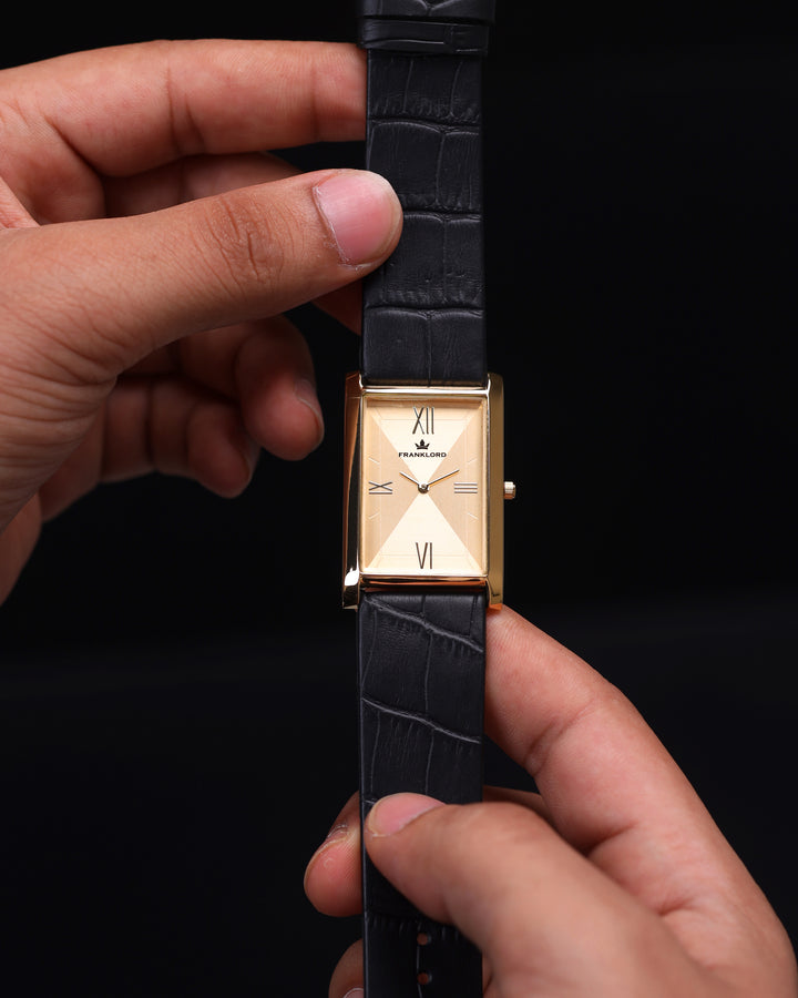 Front view of Franklord Indian Tank Royal Gold Heritage watch with rectangular gold dial and black leather strap