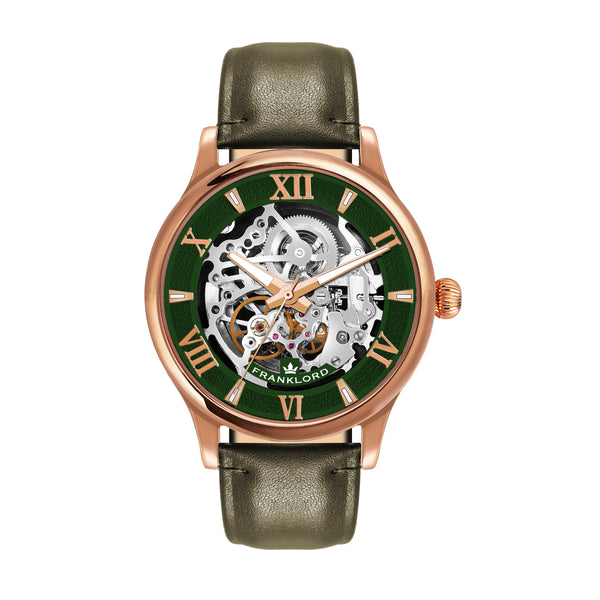 Franklord Infinity Gear - Green Emerald | Luxury Skeleton Automatic Watch with 3D Toughened Glass and Roman Numeral Dial.