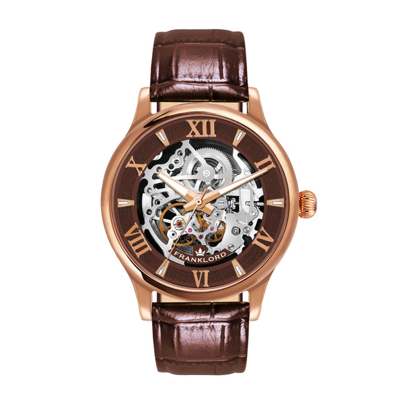 Franklord Infinity Gear Rustic Chrono – A luxury skeleton automatic watch featuring a rose gold case, brown Roman numeral dial, and premium leather strap.