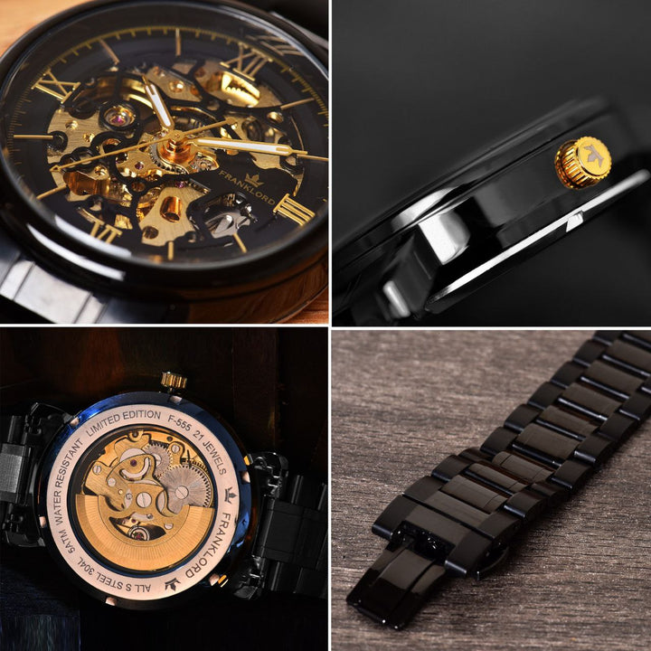 Collage of Franklord Mechanis Eclipse Noir Automatic Watch features: skeleton dial, open back movement, gold crown, and polished black bracelet.