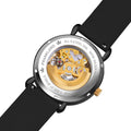 Transparent caseback view of Franklord Mechanis Eclipse Sport showcasing gold rotor and 21-jewel movement