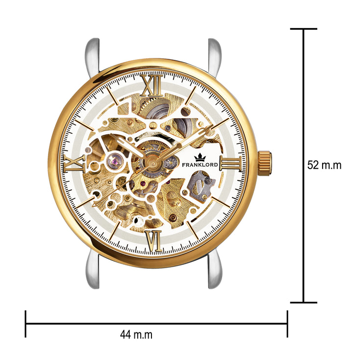 Dimension view of Franklord Mechanis Imperial Radiance with a 44mm diameter and 52mm lug-to-lug measurement.