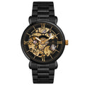 Full view of Franklord Mechanis Noir Eclipse with its black stainless steel bracelet and bold skeleton design.