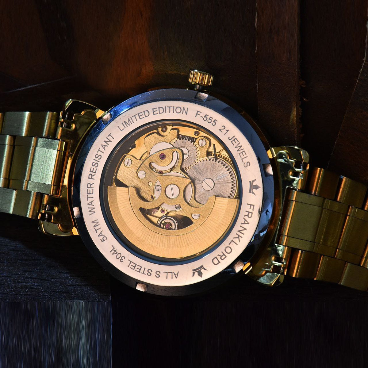 Franklord Mechanis Regal Gold Automatic Watch open back view showcasing its 21-jewel gold movement and precision engineering.