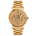Front view of Franklord Mechanis Regal Gold showcasing its gold skeleton dial with Roman numeral detailing.