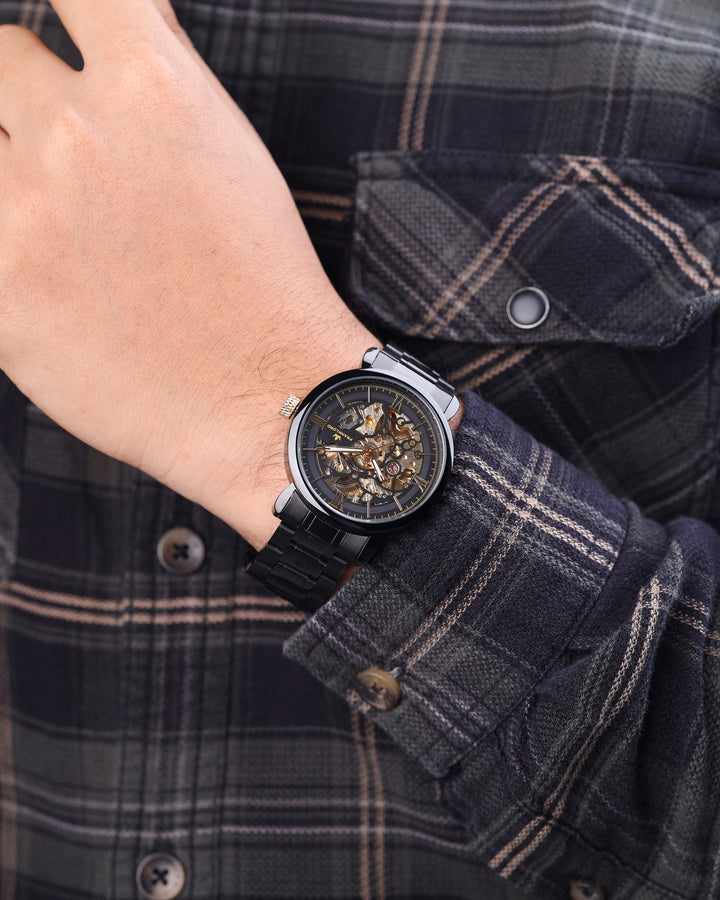 Franklord Mechanis Skeleton Watch styled with formal shirt on wrist