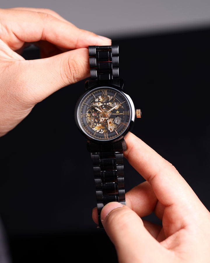 Franklord Mechanis Skeleton Watch held in hand showing full dial and strap