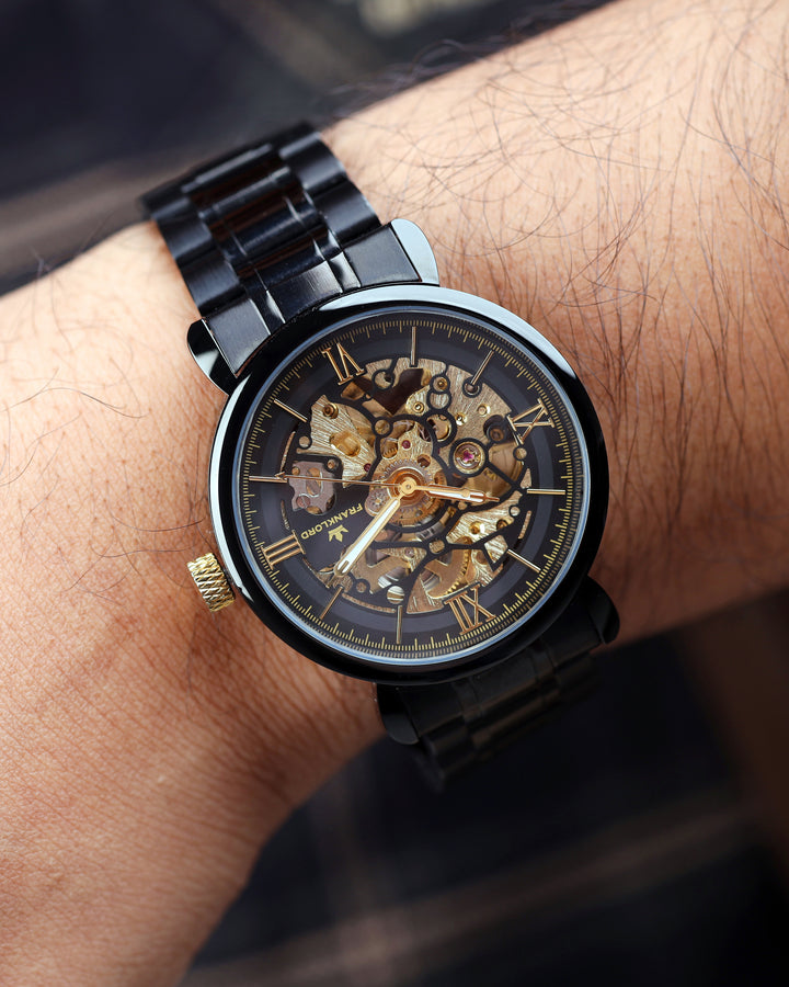 Franklord Mechanis Skeleton Watch close-up view on wrist with black strap
