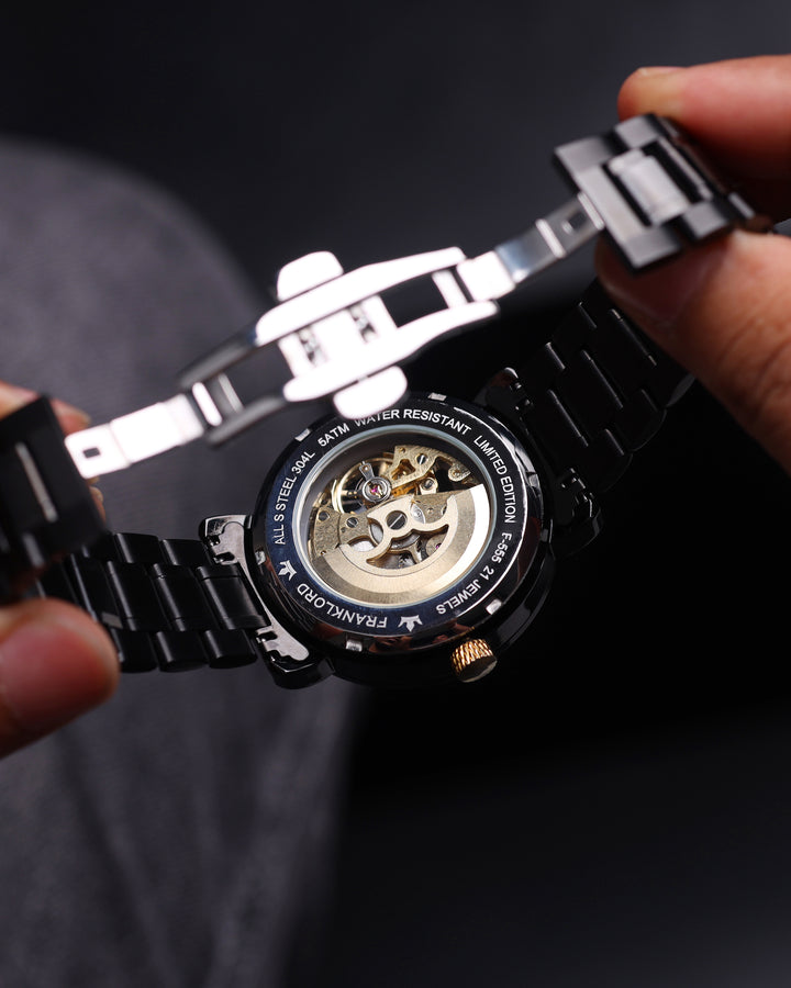 Open caseback view of Franklord Mechanis Skeleton automatic movement