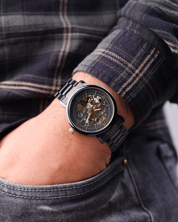 Franklord Mechanis Skeleton Watch styled casually in pocket view