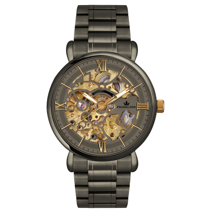 Front view of Franklord Mechanis - Titanium Shadow showcasing the skeleton dial with Roman numerals and gold detailing.