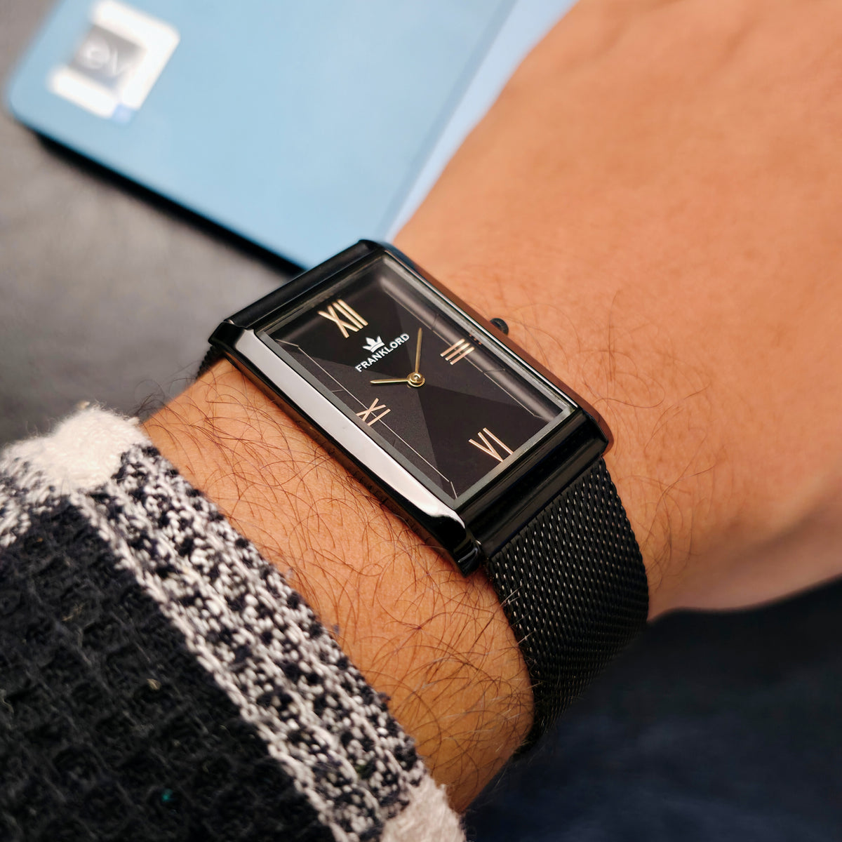 Franklord The Indian Tank – Noir Luxe | Rectangular Black Dial Slim Watch for Men