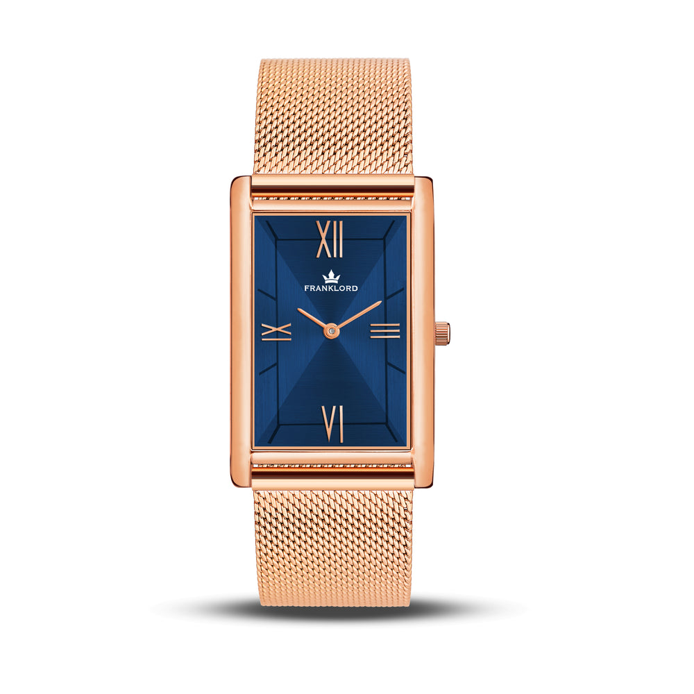 Franklord Ocean Luxe rectangular blue dial watch with rose gold mesh strap front view
