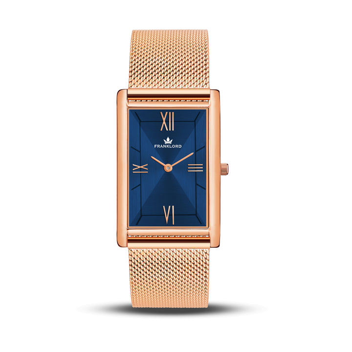 Franklord Ocean Luxe rectangular blue dial watch with rose gold mesh strap front view