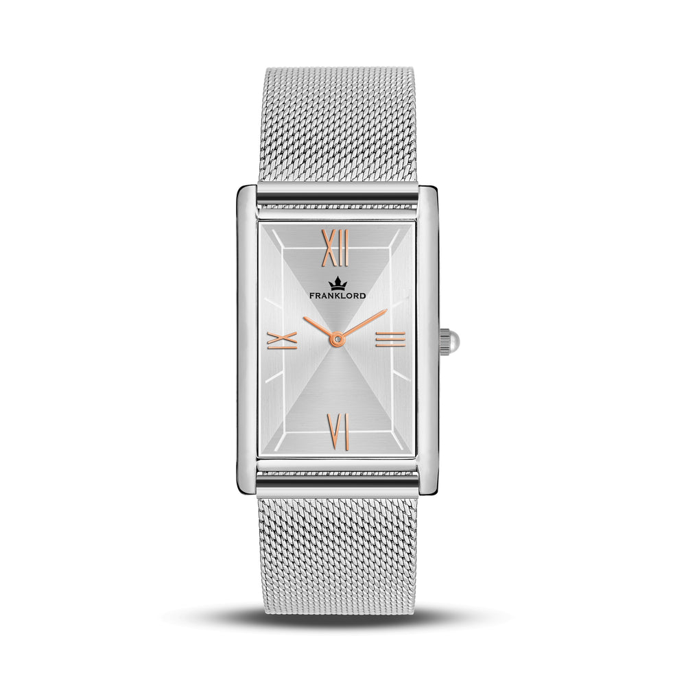 Franklord Platinum Luxe watch with rectangular silver dial and rose gold Roman numerals