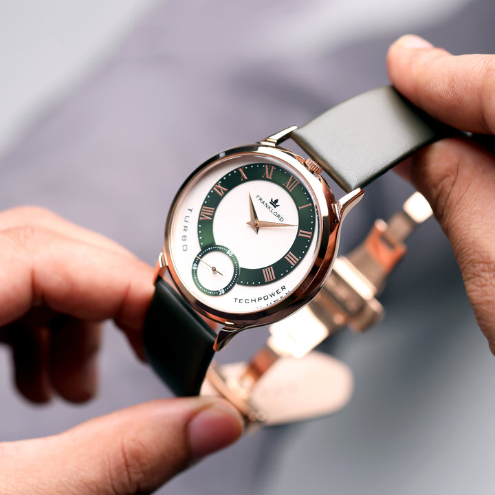 Close-up shot of Franklord Split Turbo Emerald Core dial with emerald green accents and techpower-turbo detailing.