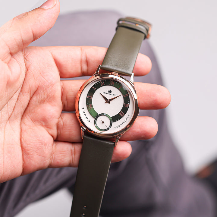 Franklord Split Turbo Emerald Core watch full view showcasing green Roman dial and rose-gold case with leather strap.