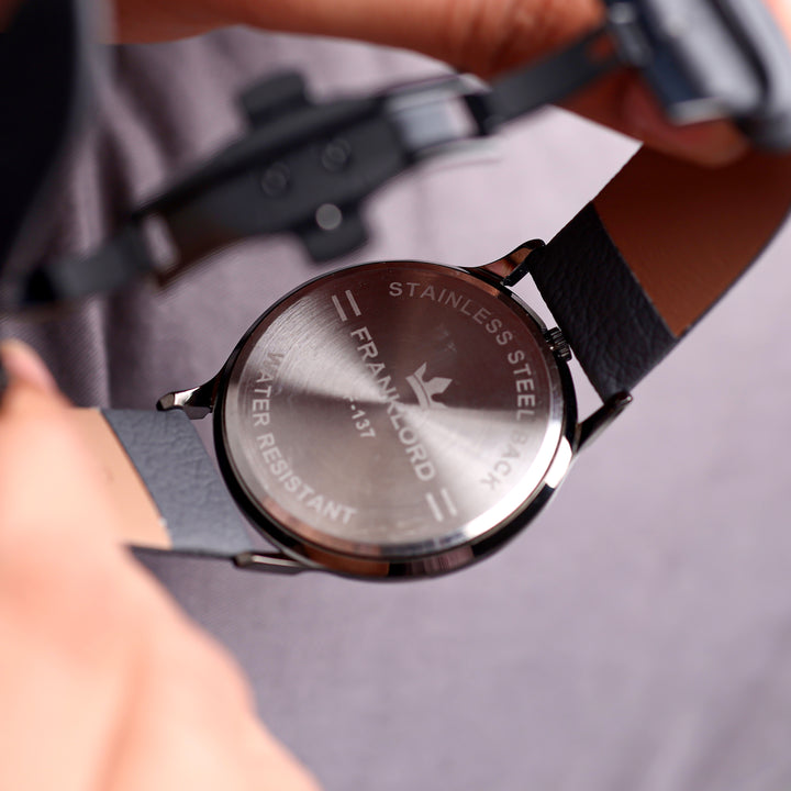 Stainless steel back case of Franklord Split Turbo Graphite Crest with engraved logo and water resistance mark.