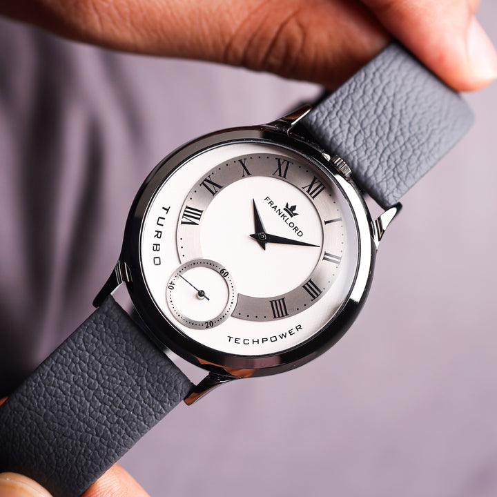 Close-up of Franklord Split Turbo Graphite Crest dial with Roman numerals and sub-dial at 6 o’clock.
