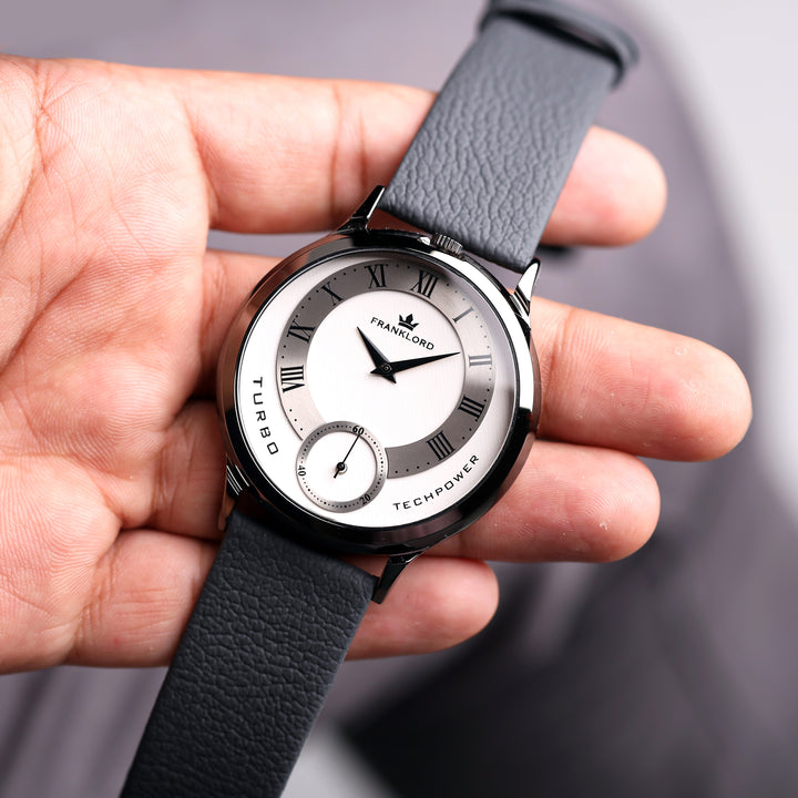 Franklord Split Turbo Graphite Crest watch front angle showcasing textured silver dial and dark Roman indices.