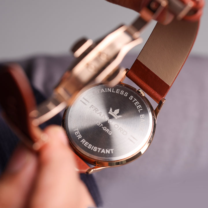 Rear case lock and branding detail of Franklord Split Turbo Ivory Rose automatic wristwatch.