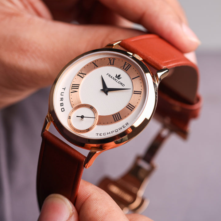 Detailed focus on the Roman dial and sub-second circle of the Franklord Split Turbo Ivory Rose.