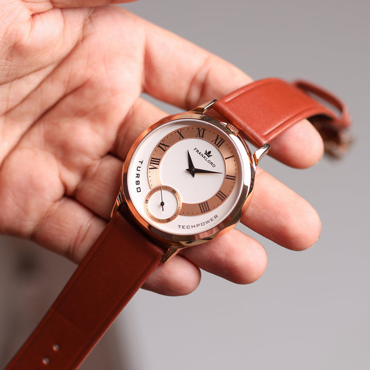 Franklord Split Turbo Ivory Rose in-hand shot highlighting the soft leather strap and luxury design.