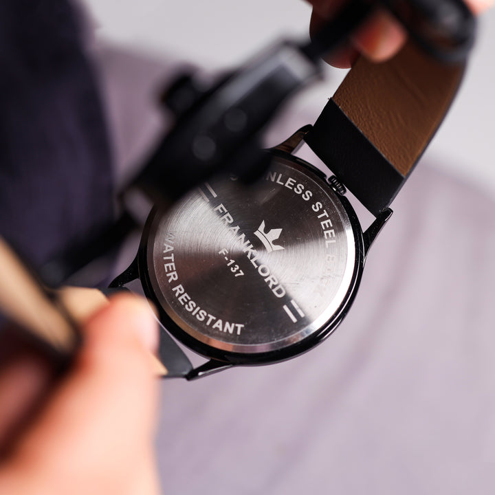 Stainless steel back view of the Franklord Split Turbo – Noir Tech watch with engraved branding and water resistance marking.