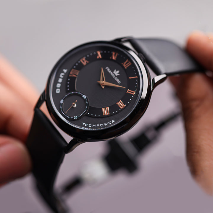Close-up of the Franklord Split Turbo – Noir Tech dial featuring Techpower and Turbo engraving.