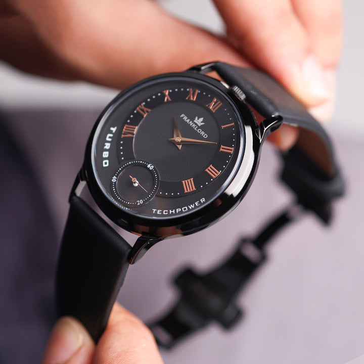 Side angle view of the Franklord Split Turbo – Noir Tech watch highlighting its black dial and rose gold Roman markers.