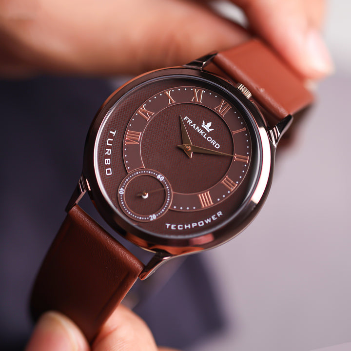 Franklord Split Turbo – Rustic Bronze Angled Shot Highlighting Roman Dial