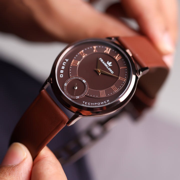 Franklord Split Turbo – Rustic Bronze Watch Wrist Closeup Showing Detailed Dial