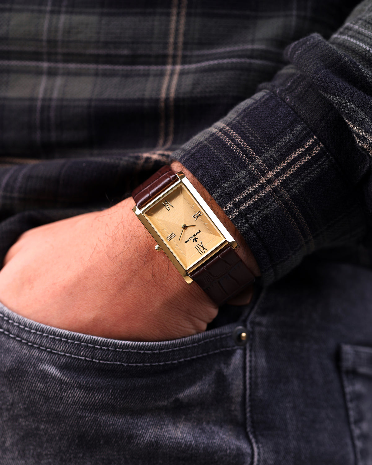 Franklord The Indian Tank – Royal Tan Heritage | Slim Brown Leather Strap Gold Rectangular Watch for Men