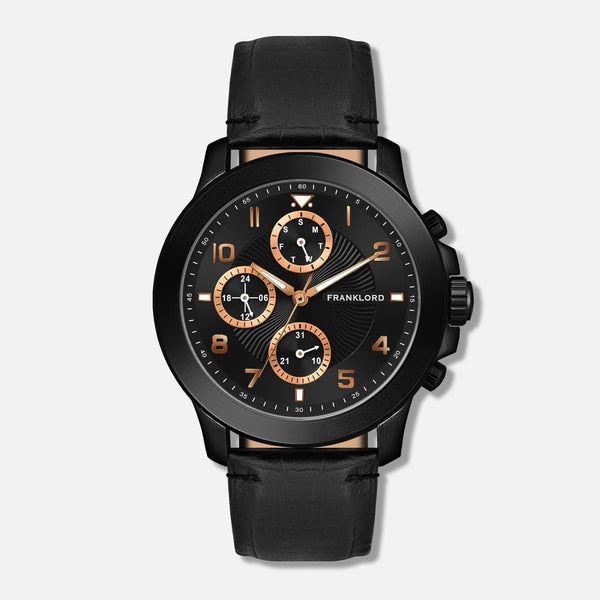 Front view of Franklord Timekeeper Series Black Shadow Chronograph Watch with sleek black dial and rose gold accents.