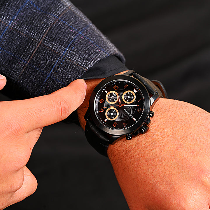 Franklord Timekeeper Series Black Shadow Chronograph Watch worn on wrist, showcasing bold elegance and luxury.