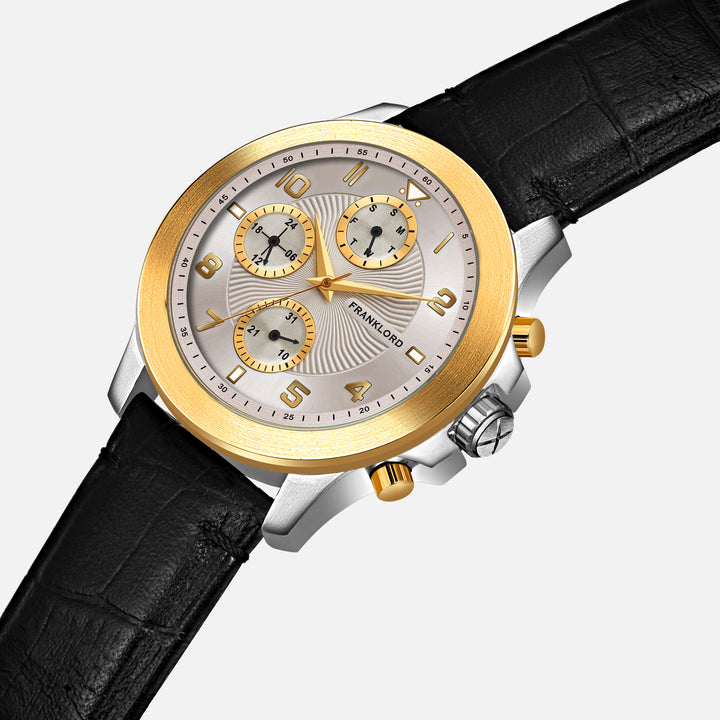 "Franklord Timekeeper Series Champagne Gold Chronograph Watch angled view highlighting the sunburst dial and chronograph subdials