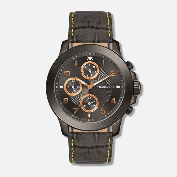 Front view of Franklord Timekeeper Series Graphite Luxe Chronograph Watch featuring a graphite gray dial with rose gold accents.