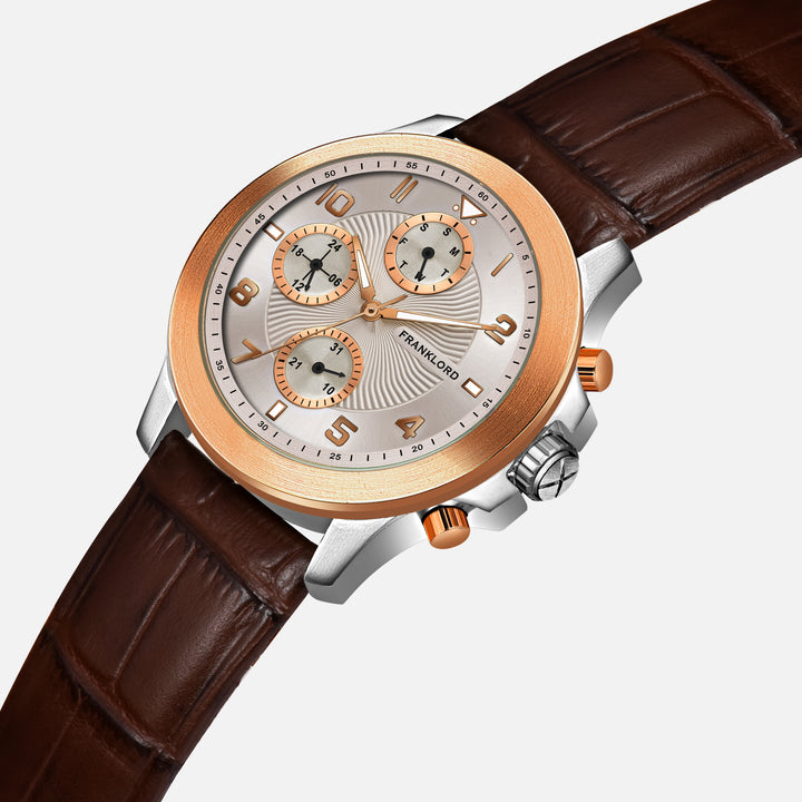 Angled view of Franklord Timekeeper Series Ivory Rose Chronograph Watch featuring rose gold accents and a brown leather strap.