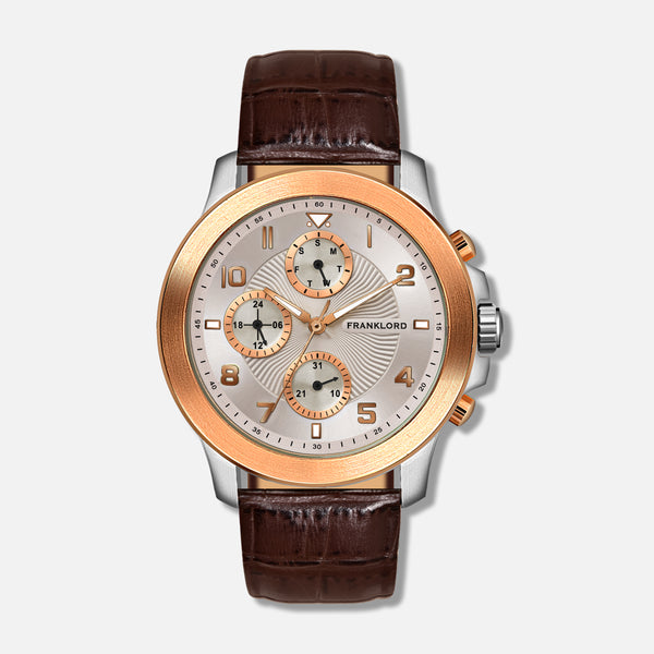 Franklord Timekeeper Series Ivory Rose Chronograph Watch Front View with Rose Gold Bezel and Brown Leather Strap.