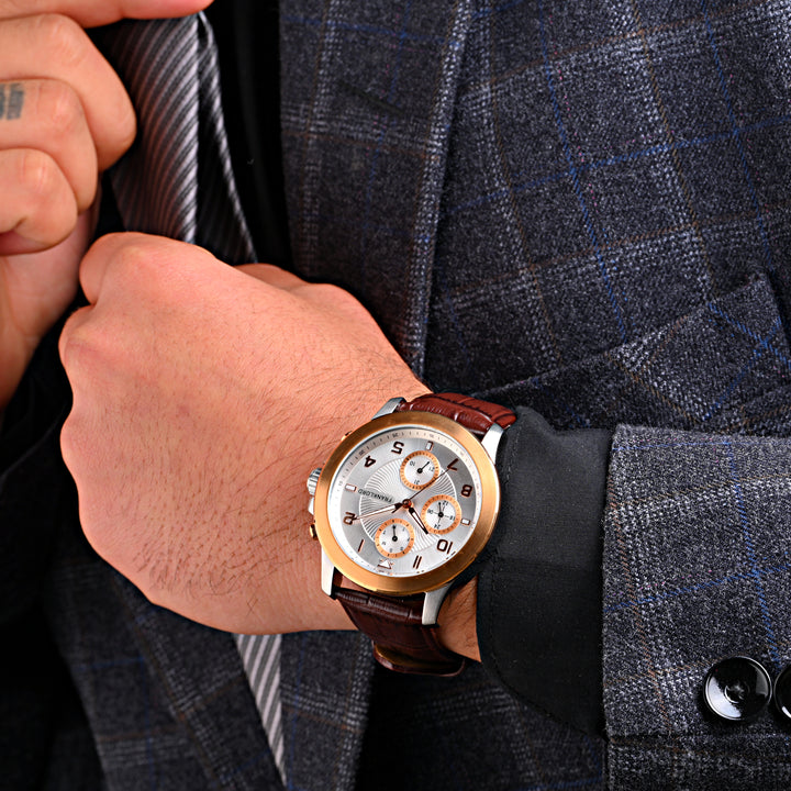 Franklord Timekeeper Series Ivory Rose Chronograph Watch worn on a wrist, showcasing its elegance and premium design.