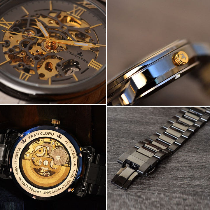 Collage of Franklord Titanium Shadow Watch features: skeleton dial, gold-accented crown, open back movement, and titanium bracelet close-up.