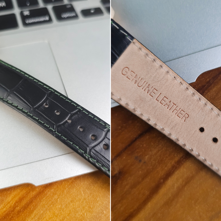 Close-up of genuine leather strap with green stitching - durable and premium craftsmanship.